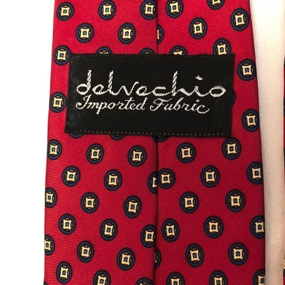 Delvechio Imported Fabric Red Blue Yellow Geometric Print Silk Neck Tie - Picture 9 of 16